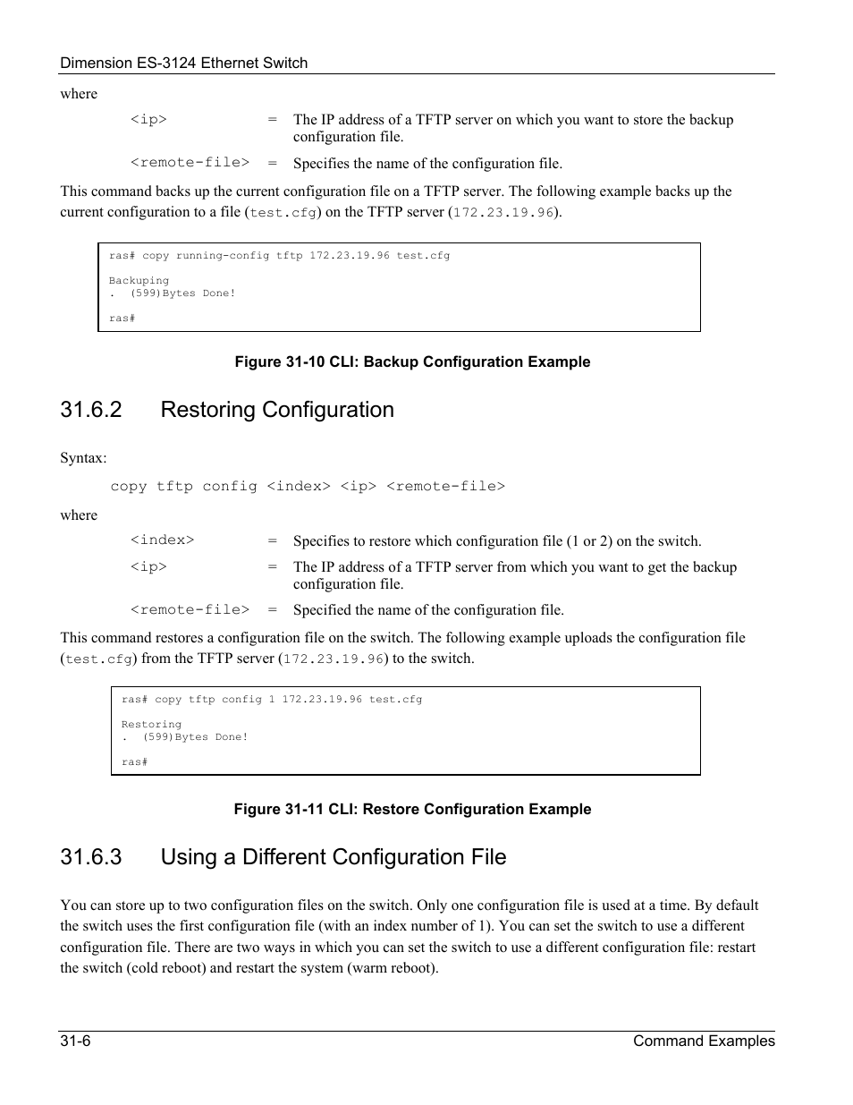 Restoring configuration, Using a different configuration file, 2 restoring configuration | 3 using a different configuration file | ZyXEL Communications ZyXEL Dimension ES-3124 User Manual | Page 242 / 272