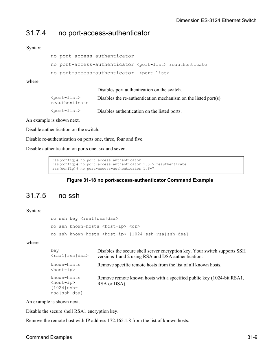 No port-access-authenticator, No ssh, 4 no port-access-authenticator | 5 no ssh | ZyXEL Communications ZyXEL Dimension ES-3124 User Manual | Page 245 / 272