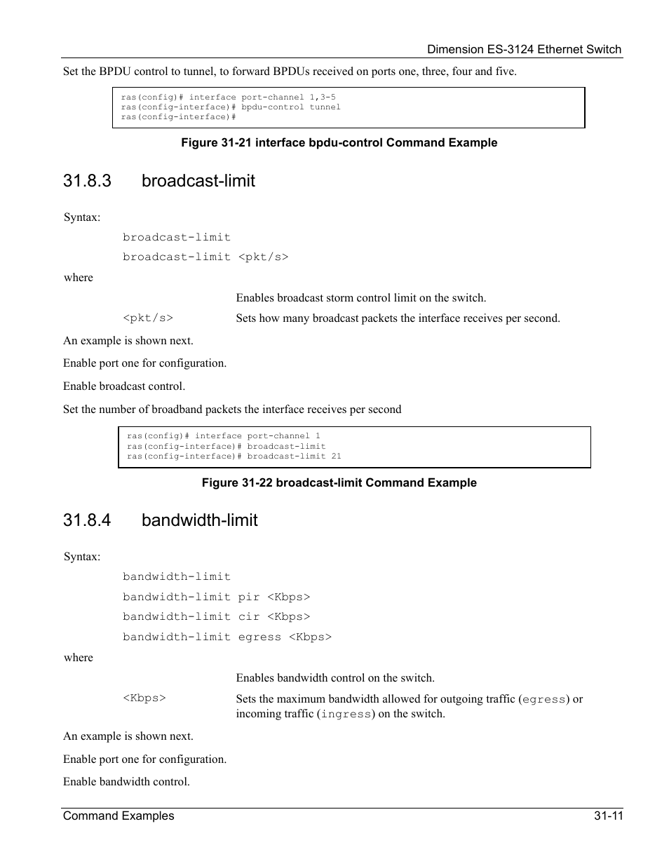 Broadcast-limit, Bandwidth-limit, 3 broadcast-limit | 4 bandwidth-limit | ZyXEL Communications ZyXEL Dimension ES-3124 User Manual | Page 247 / 272
