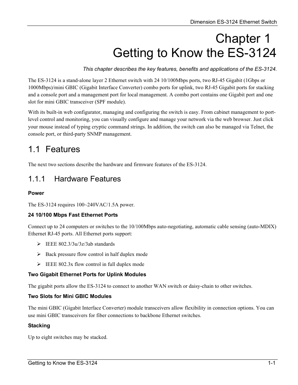 Getting to know the es-3124, Features, Hardware features | 1 features, 1 hardware features | ZyXEL Communications ZyXEL Dimension ES-3124 User Manual | Page 25 / 272