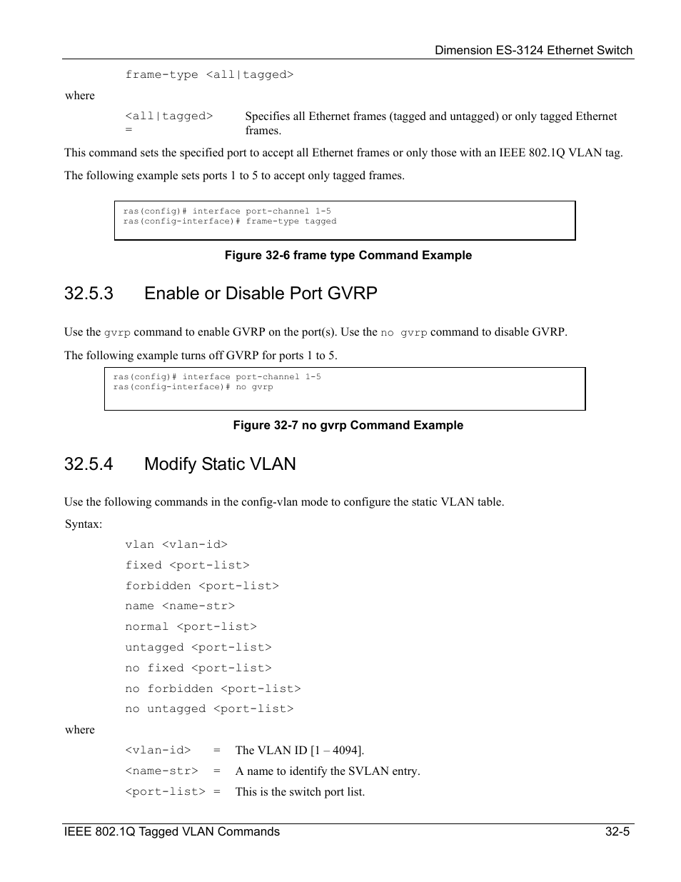 Enable or disable port gvrp, Modify static vlan, 3 enable or disable port gvrp | 4 modify static vlan | ZyXEL Communications ZyXEL Dimension ES-3124 User Manual | Page 257 / 272