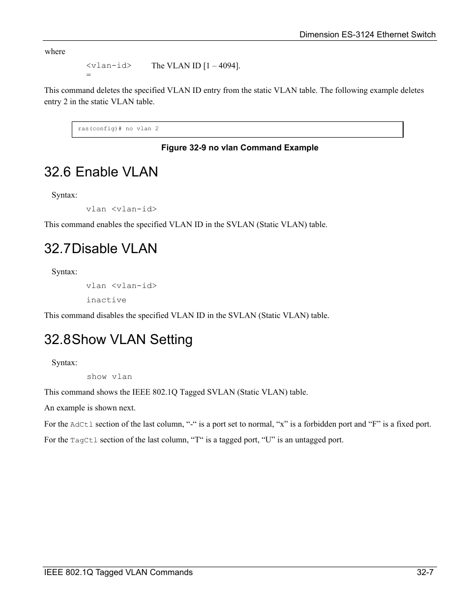 Enable vlan, Disable vlan, Show vlan setting | 6 enable vlan, 7 disable vlan, 8 show vlan setting | ZyXEL Communications ZyXEL Dimension ES-3124 User Manual | Page 259 / 272