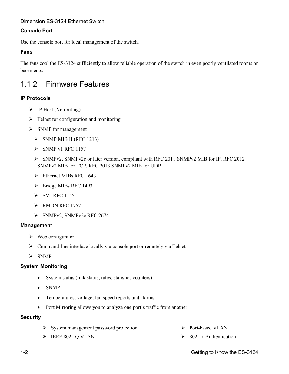 Firmware features, 2 firmware features | ZyXEL Communications ZyXEL Dimension ES-3124 User Manual | Page 26 / 272