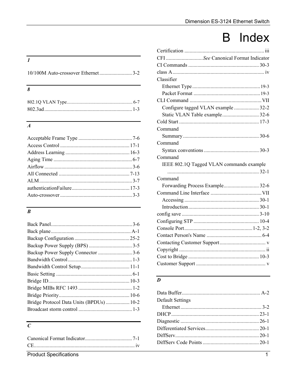 B. index, B index | ZyXEL Communications ZyXEL Dimension ES-3124 User Manual | Page 267 / 272