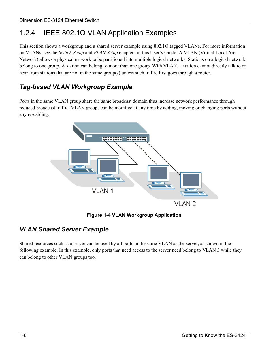 Ieee 802.1q vlan application examples, Tag-based vlan workgroup example, Vlan shared server example | ZyXEL Communications ZyXEL Dimension ES-3124 User Manual | Page 30 / 272