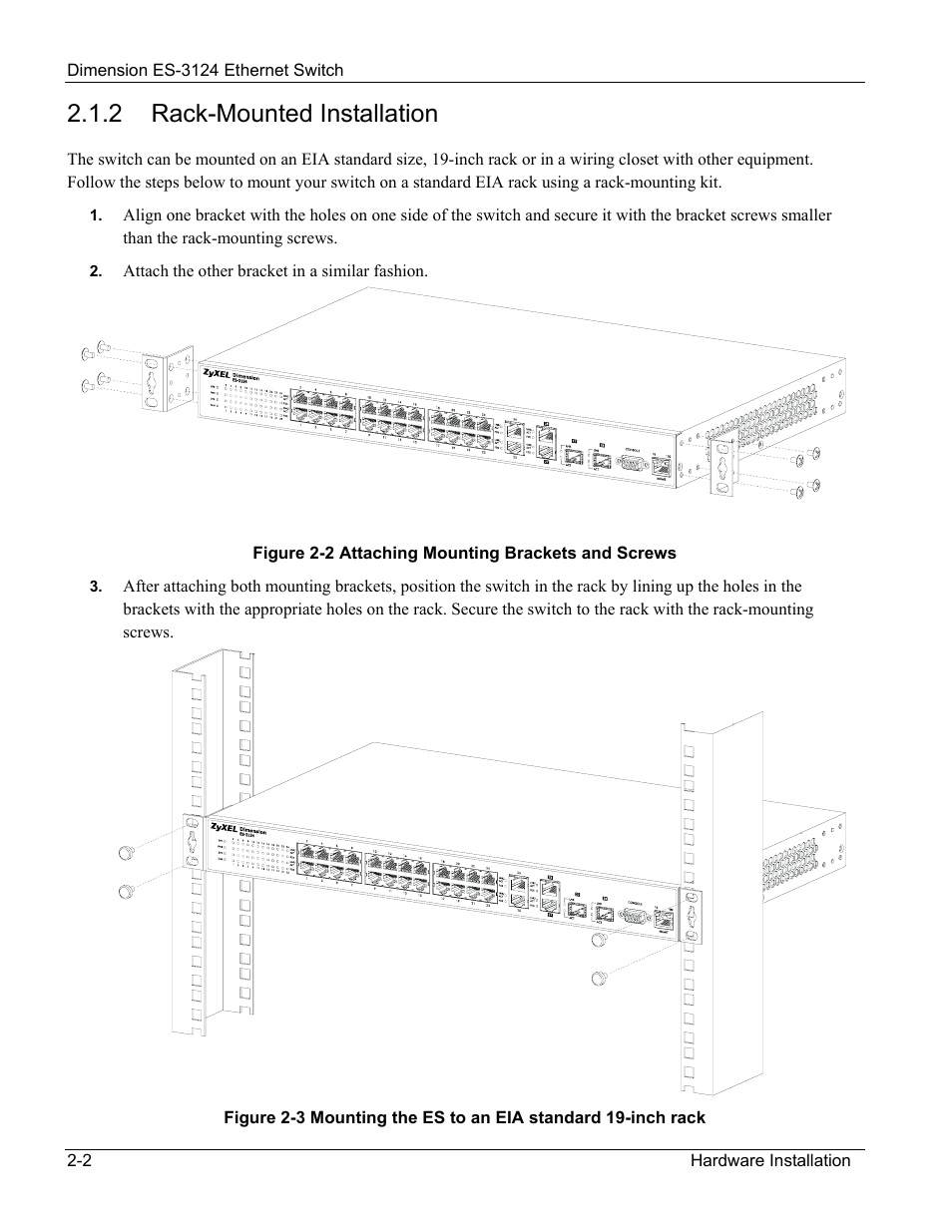 Rack-mounted installation, 2 rack-mounted installation | ZyXEL Communications ZyXEL Dimension ES-3124 User Manual | Page 36 / 272