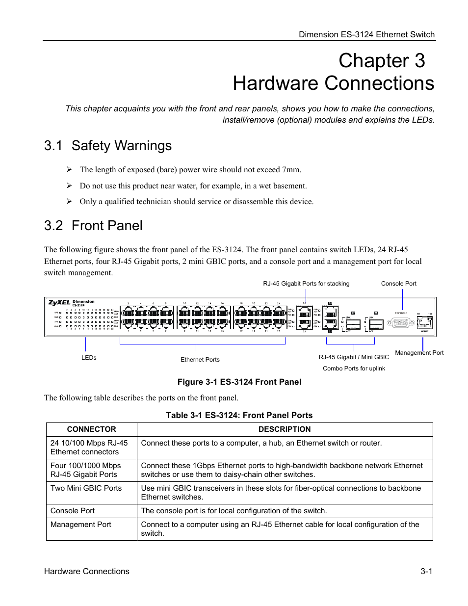 Hardware connections, Safety warnings, Front panel | Chapter 3 hardware connections, 1 safety warnings, 2 front panel | ZyXEL Communications ZyXEL Dimension ES-3124 User Manual | Page 37 / 272