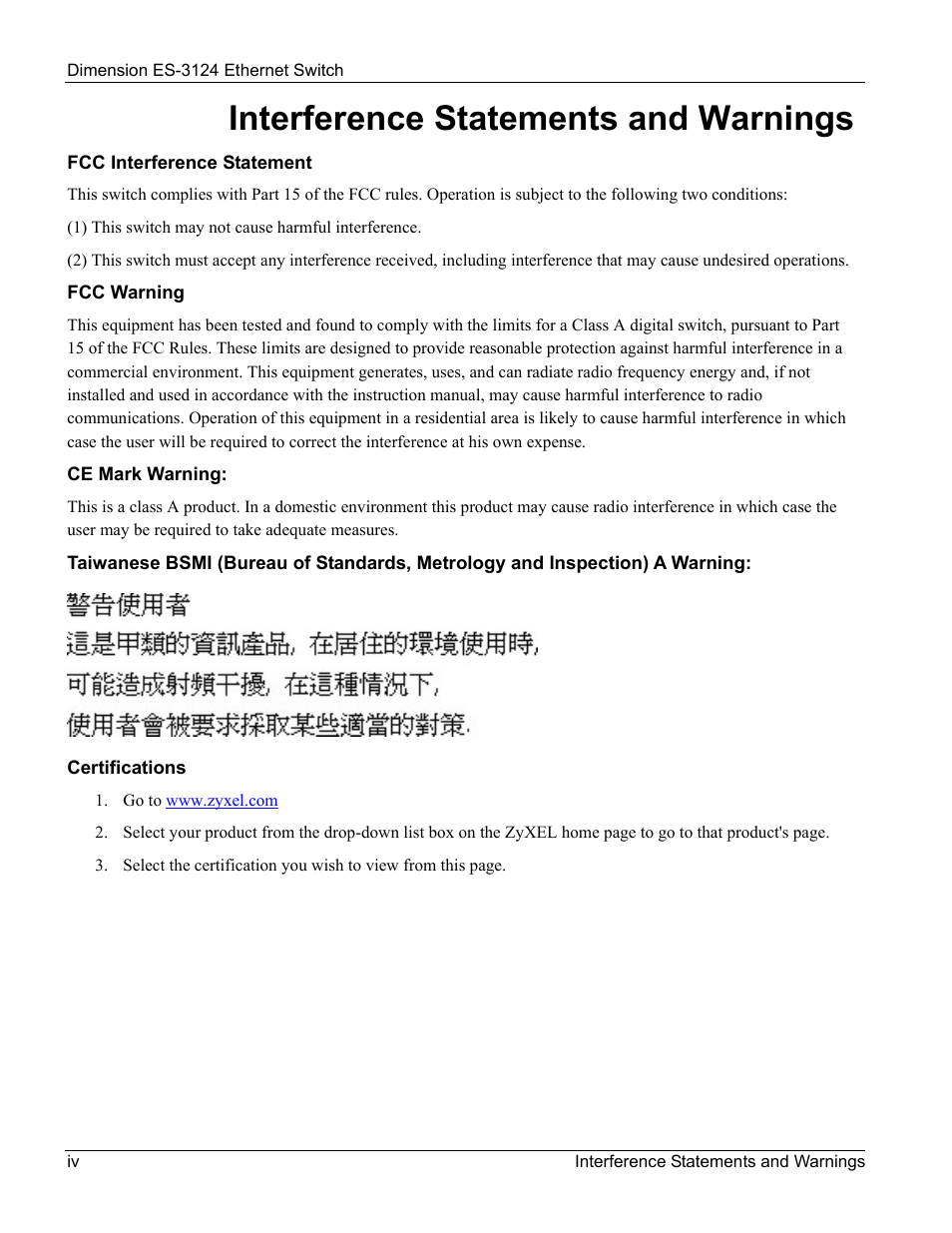 Interference statements and warnings | ZyXEL Communications ZyXEL Dimension ES-3124 User Manual | Page 4 / 272