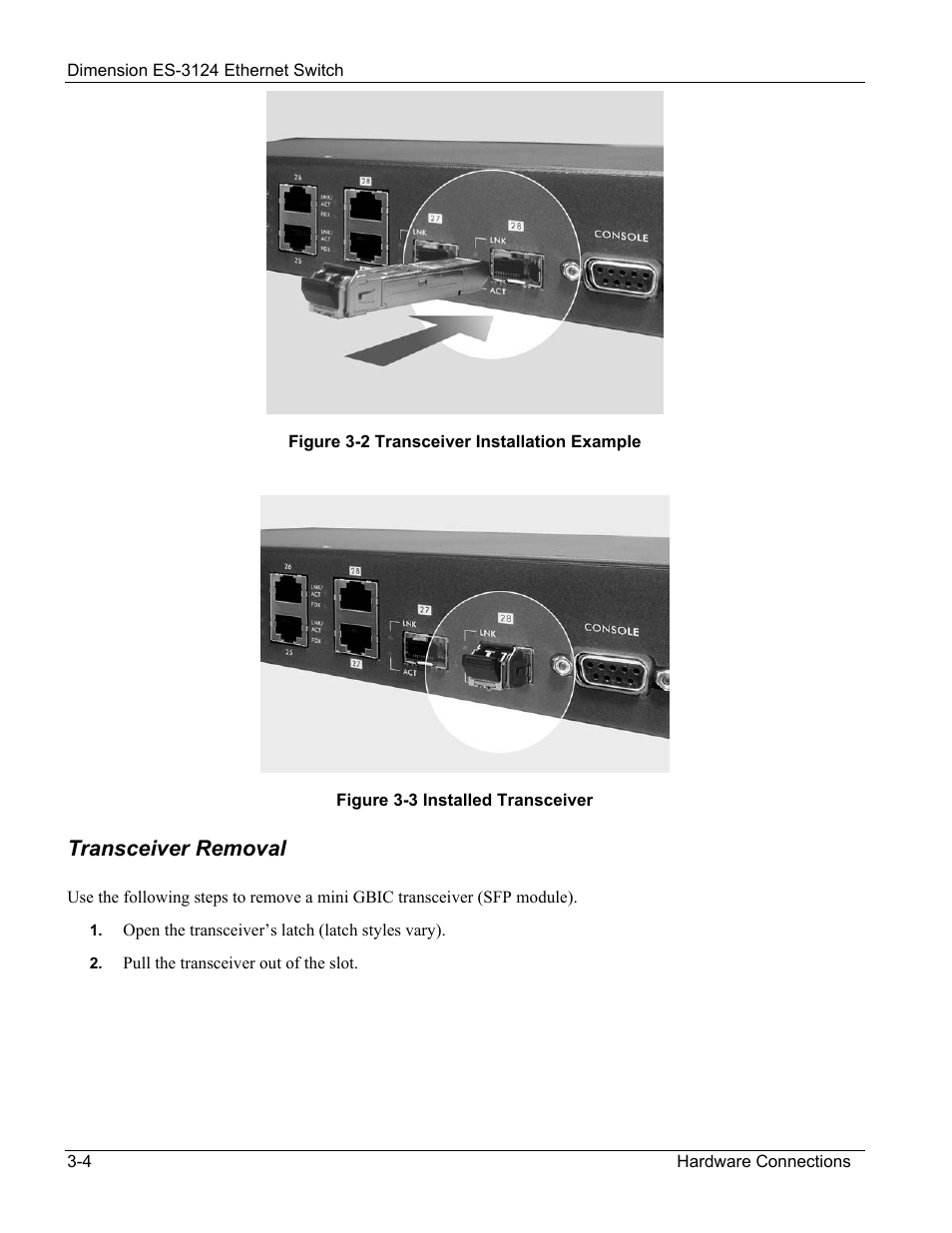 Transceiver removal | ZyXEL Communications ZyXEL Dimension ES-3124 User Manual | Page 40 / 272