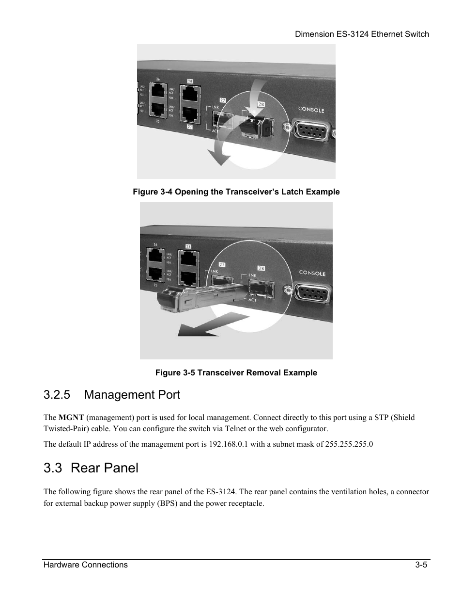 Management port, Rear panel, 3 rear panel | 5 management port | ZyXEL Communications ZyXEL Dimension ES-3124 User Manual | Page 41 / 272