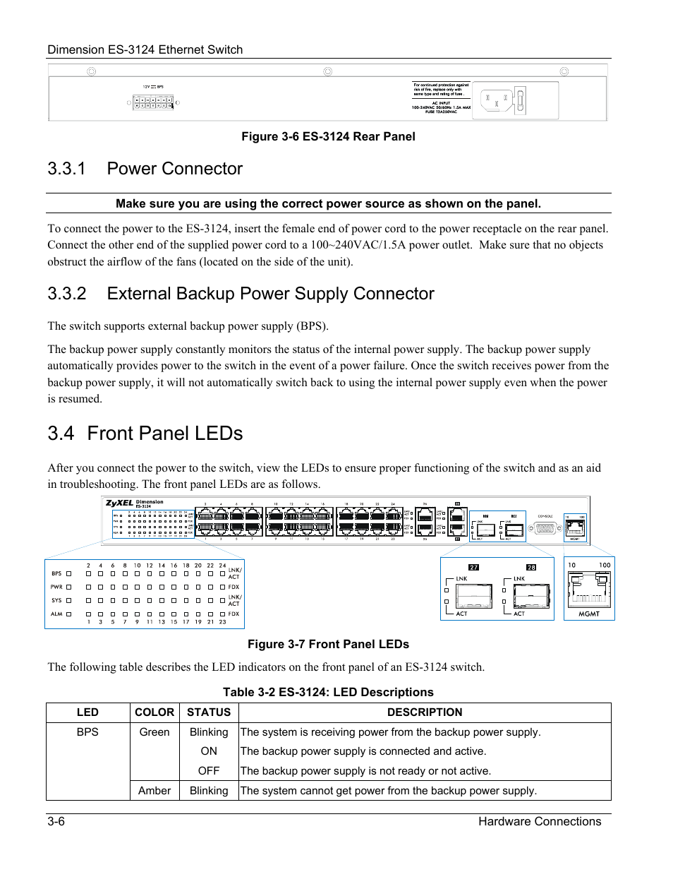Power connector, External backup power supply connector, Front panel leds | 4 front panel leds, 1 power connector, 2 external backup power supply connector | ZyXEL Communications ZyXEL Dimension ES-3124 User Manual | Page 42 / 272