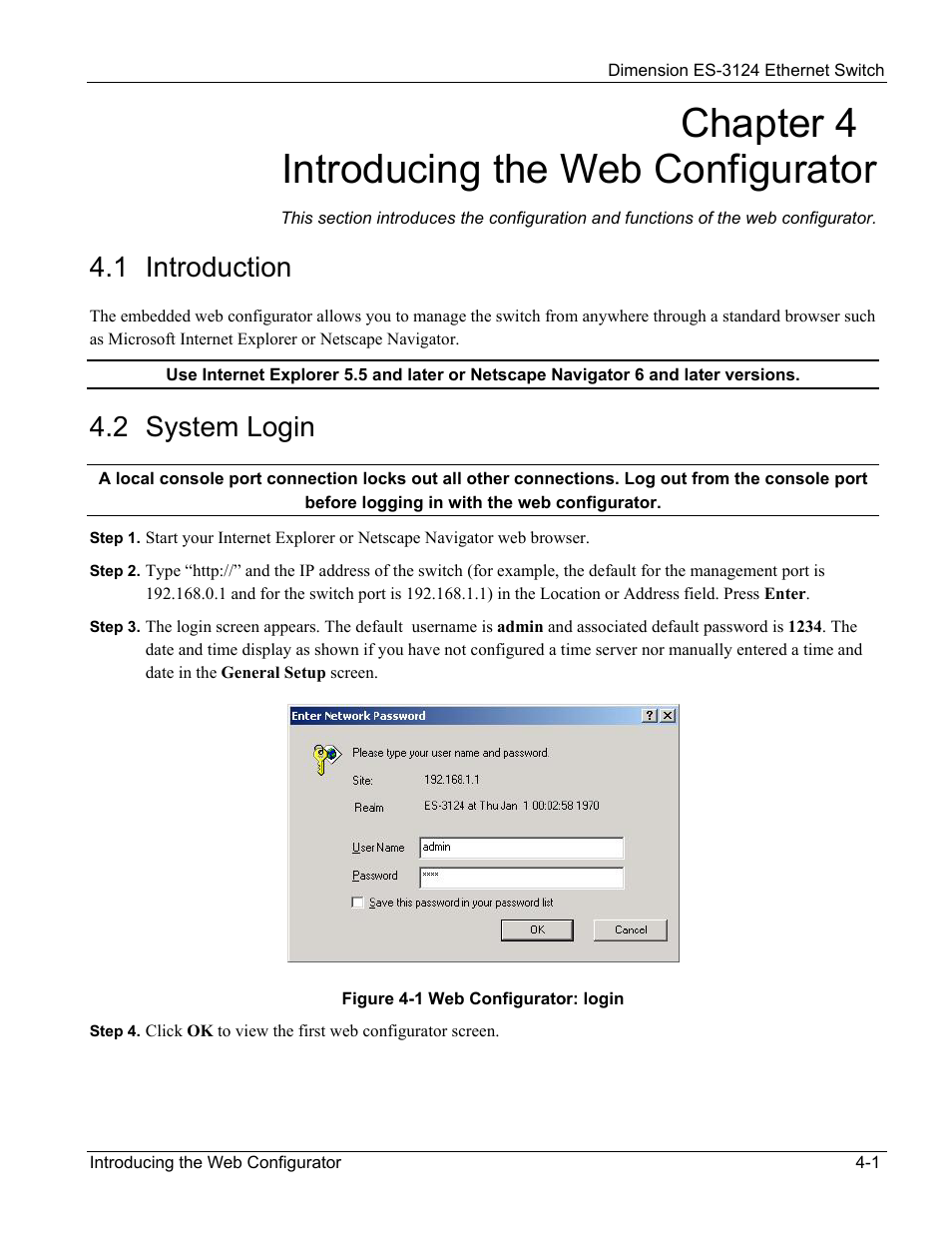 Introducing the web configurator, Introduction, System login | Chapter 4 introducing the web configurator, 1 introduction, 2 system login | ZyXEL Communications ZyXEL Dimension ES-3124 User Manual | Page 49 / 272