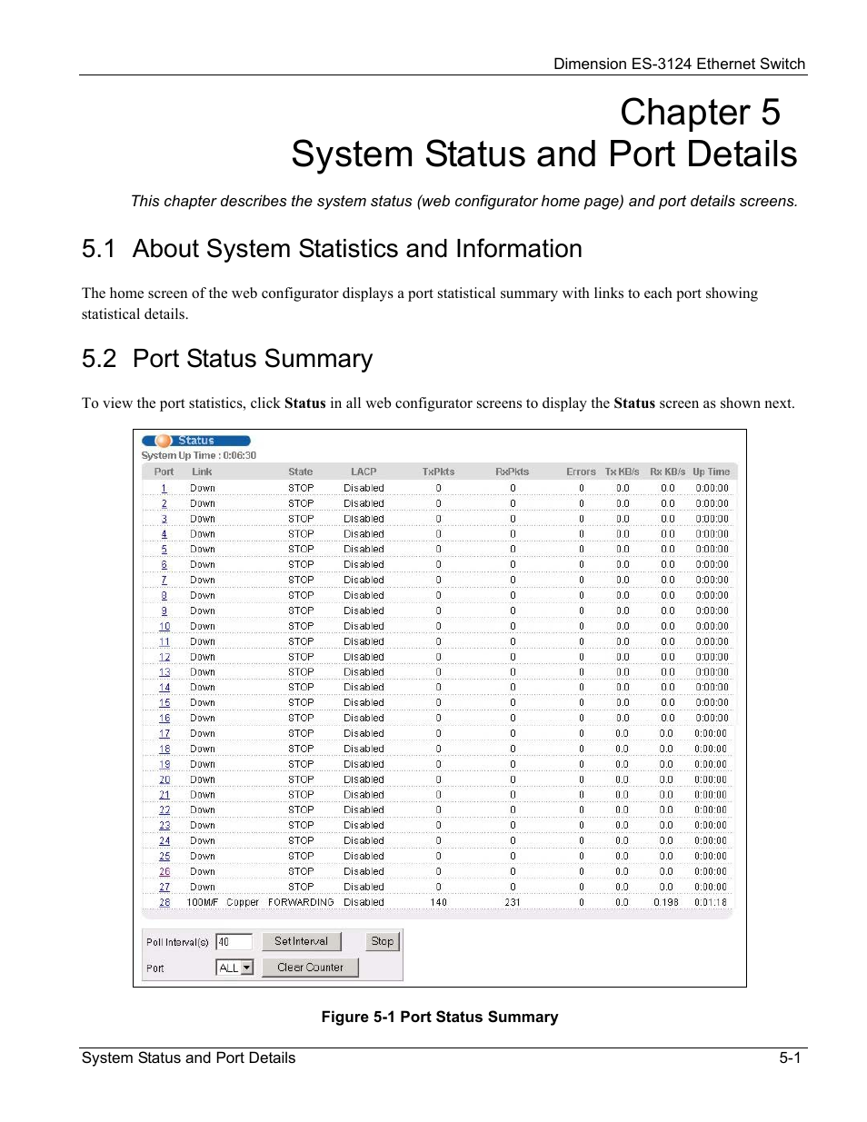 System status and port details, About system statistics and information, Port status summary | Chapter 5 system status and port details, 1 about system statistics and information, 2 port status summary | ZyXEL Communications ZyXEL Dimension ES-3124 User Manual | Page 57 / 272