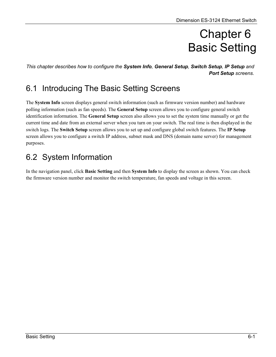 Basic setting, Introducing the basic setting screens, System information | Chapter 6 basic setting, 1 introducing the basic setting screens, 2 system information | ZyXEL Communications ZyXEL Dimension ES-3124 User Manual | Page 63 / 272