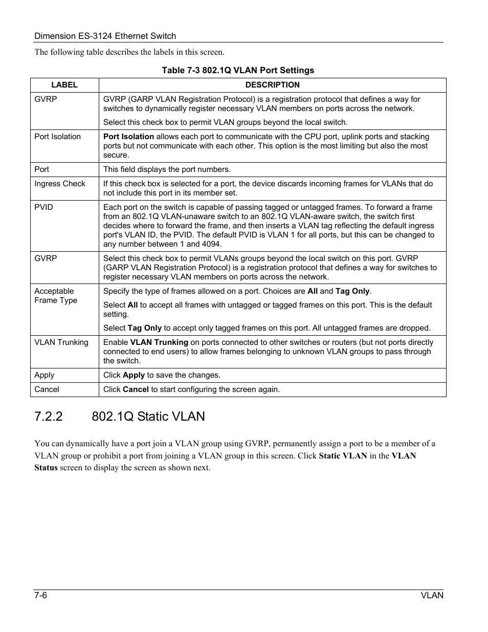1q static vlan | ZyXEL Communications ZyXEL Dimension ES-3124 User Manual | Page 84 / 272