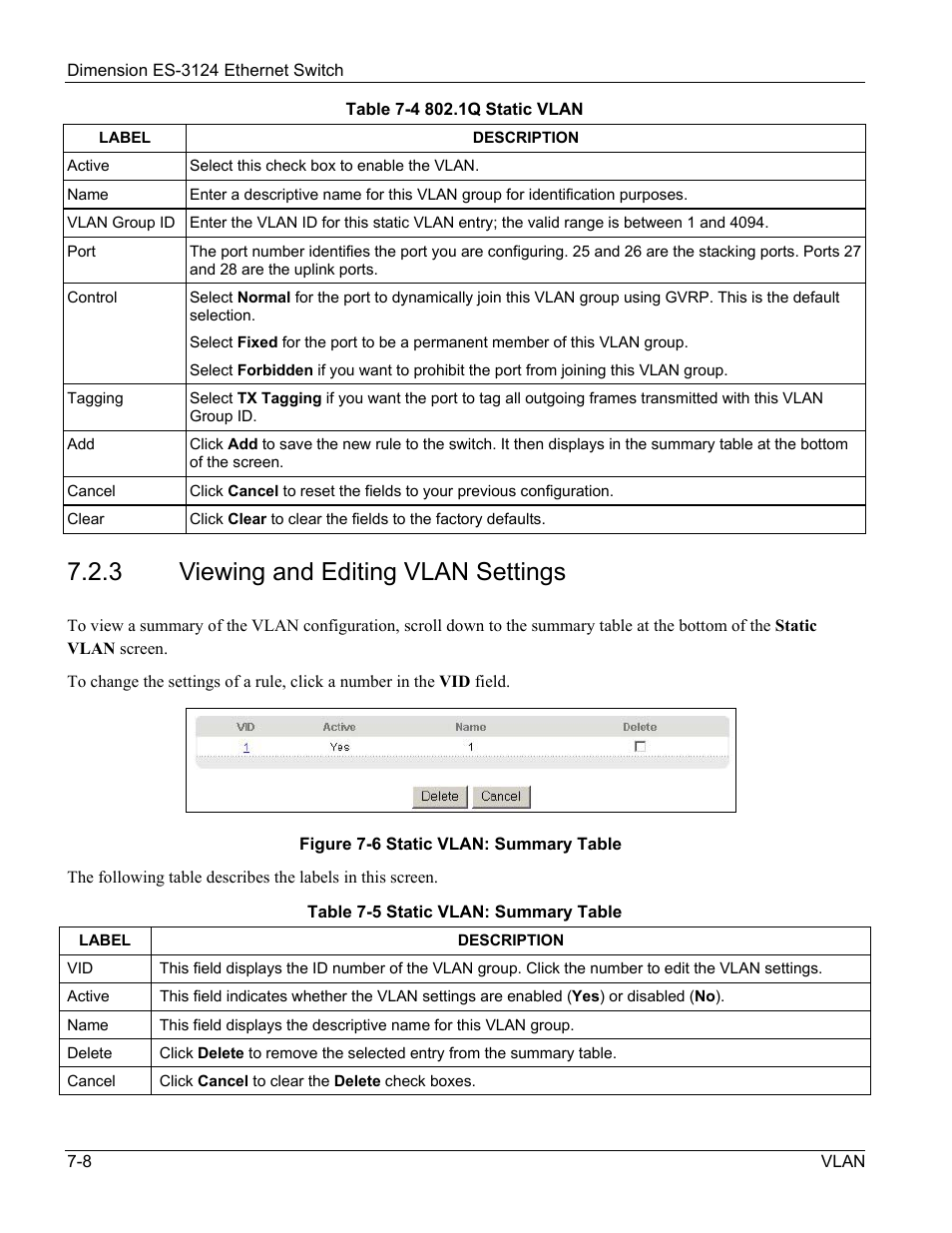 Viewing and editing vlan settings, 3 viewing and editing vlan settings | ZyXEL Communications ZyXEL Dimension ES-3124 User Manual | Page 86 / 272