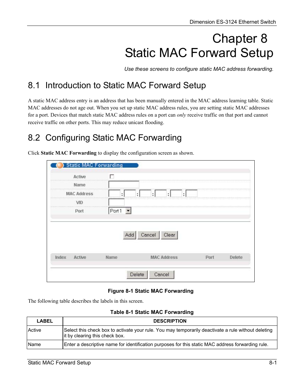 Static mac forward setup, Introduction to static mac forward setup, Configuring static mac forwarding | Chapter 8 static mac forward setup, 1 introduction to static mac forward setup, 2 configuring static mac forwarding | ZyXEL Communications ZyXEL Dimension ES-3124 User Manual | Page 93 / 272