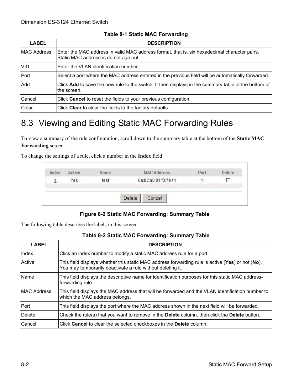 Viewing and editing static mac forwarding rules, 3 viewing and editing static mac forwarding rules | ZyXEL Communications ZyXEL Dimension ES-3124 User Manual | Page 94 / 272