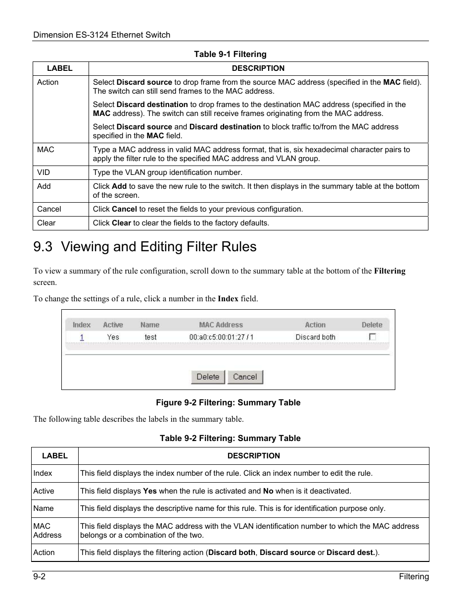Viewing and editing filter rules, 3 viewing and editing filter rules | ZyXEL Communications ZyXEL Dimension ES-3124 User Manual | Page 96 / 272