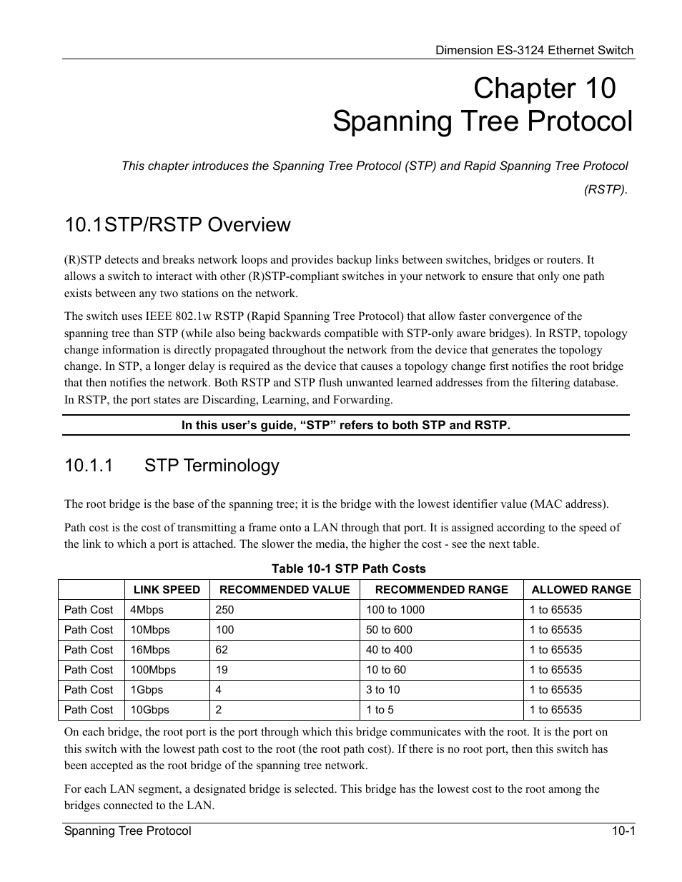 Spanning tree protocol, Introduction to spanning tree protocol (stp), Stp terminology | How stp works, Chapter 10 spanning tree protocol, 1 stp/rstp overview, 1 stp terminology | ZyXEL Communications ZyXEL Dimension ES-3124 User Manual | Page 99 / 272