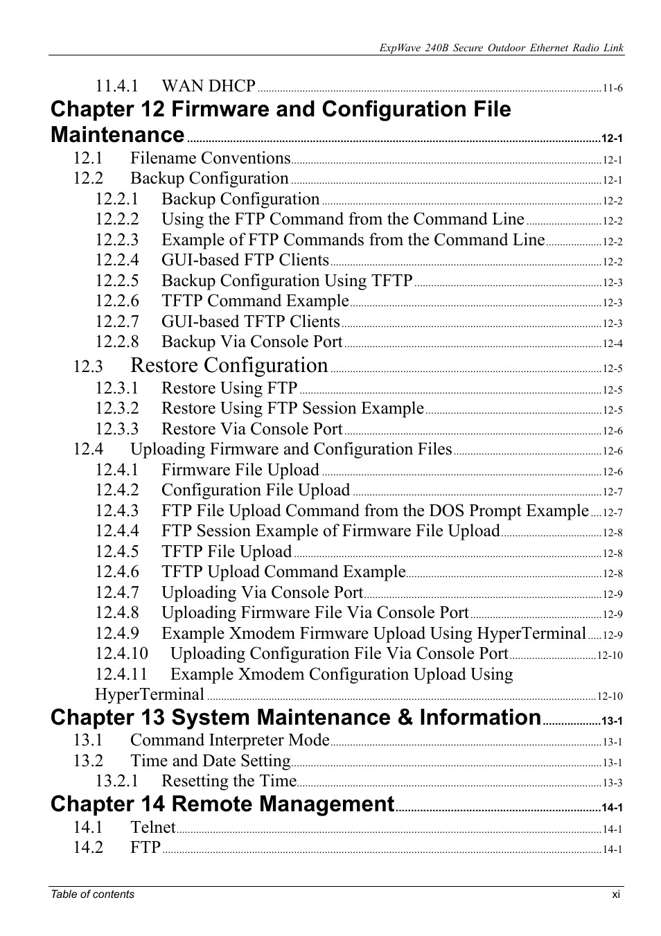 Restore configuration, Chapter 13 system maintenance & information, Chapter 14 remote management | Wan dhcp, Filename conventions, Backup configuration, Using the ftp command from the command line, Example of ftp commands from the command line, Gui-based ftp clients, Backup configuration using tftp | ZyXEL Communications ZyXEL ExpWave 240B User Manual | Page 11 / 96