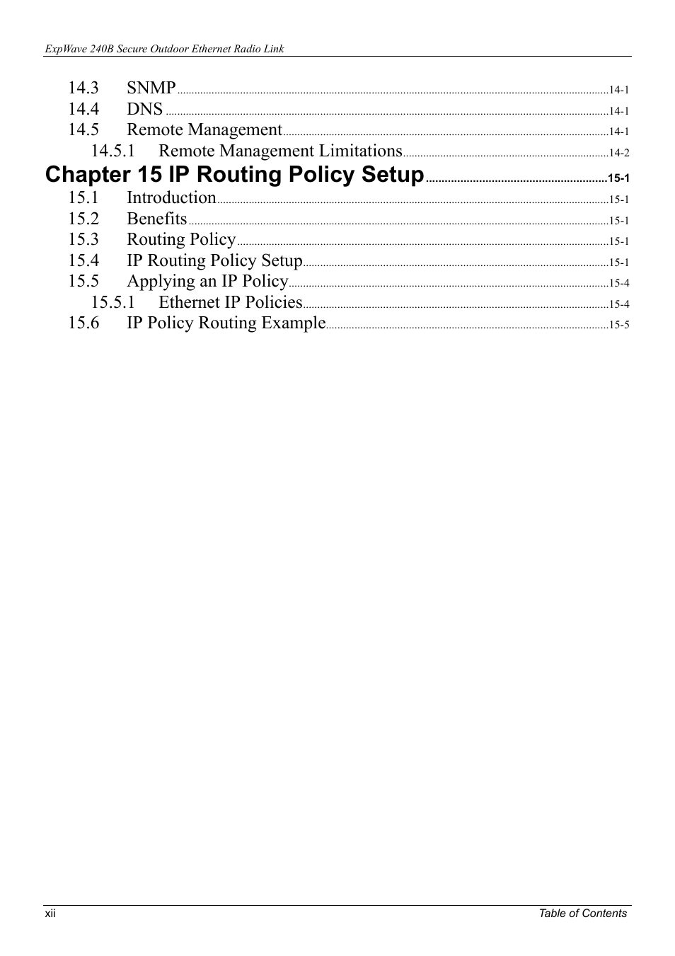 Chapter 15 ip routing policy setup, Snmp, Remote management | Remote management limitations, Introduction, Benefits, Routing policy, Ip routing policy setup, Applying an ip policy, Ethernet ip policies | ZyXEL Communications ZyXEL ExpWave 240B User Manual | Page 12 / 96