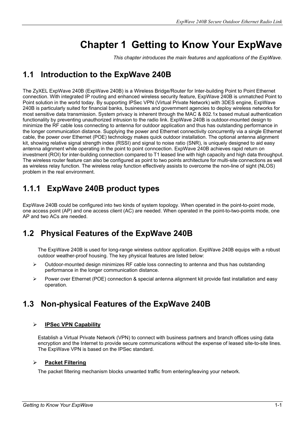 Chapter 1 getting to know your expwave, 1 introduction to the expwave 240b, 1 expwave 240b product types | 2 physical features of the expwave 240b, 3 non-physical features of the expwave 240b | ZyXEL Communications ZyXEL ExpWave 240B User Manual | Page 17 / 96