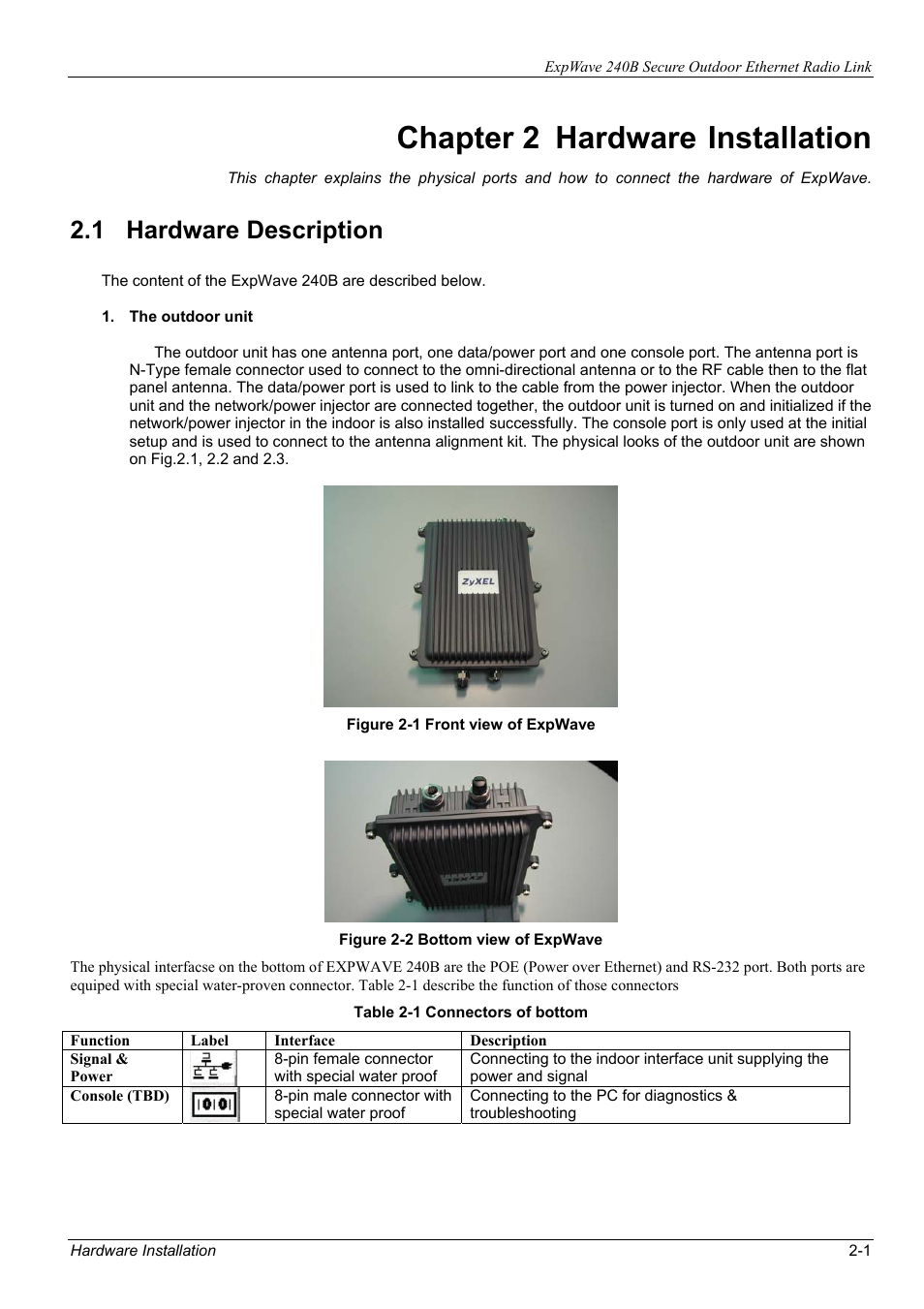 Chapter 2 hardware, Installation, 1 hardware description | ZyXEL Communications ZyXEL ExpWave 240B User Manual | Page 23 / 96