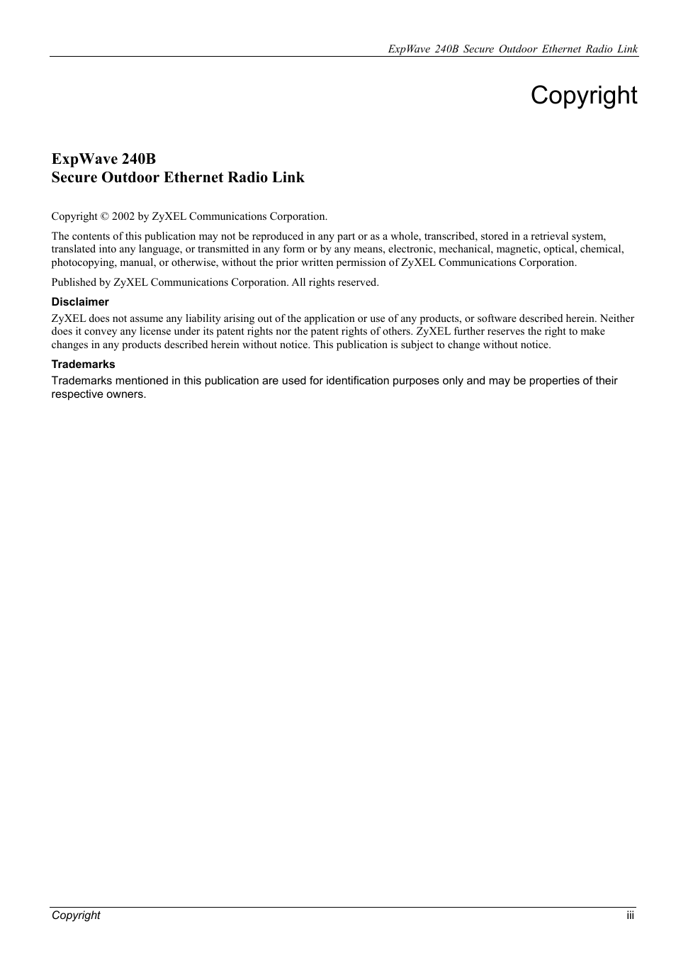 Copyright, Expwave 240b secure outdoor ethernet radio link | ZyXEL Communications ZyXEL ExpWave 240B User Manual | Page 3 / 96