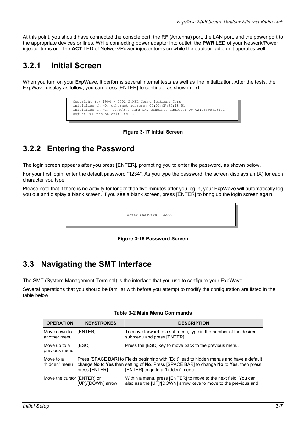 1 initial screen, 2 entering the password, 3 navigating the smt interface | ZyXEL Communications ZyXEL ExpWave 240B User Manual | Page 37 / 96