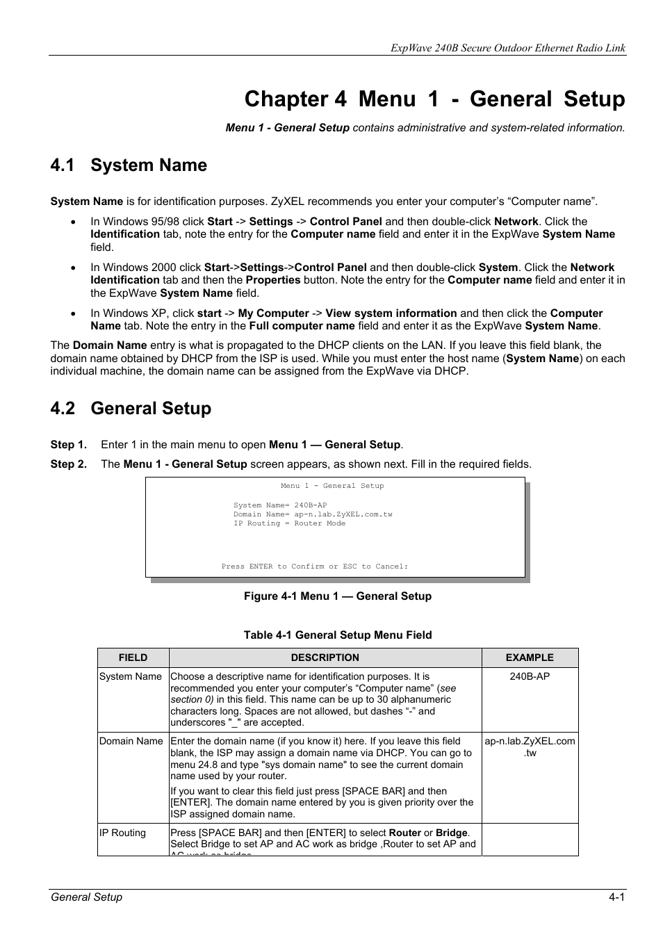 Chapter 4 menu 1 - general setup, 1 system name, 2 general setup | ZyXEL Communications ZyXEL ExpWave 240B User Manual | Page 41 / 96