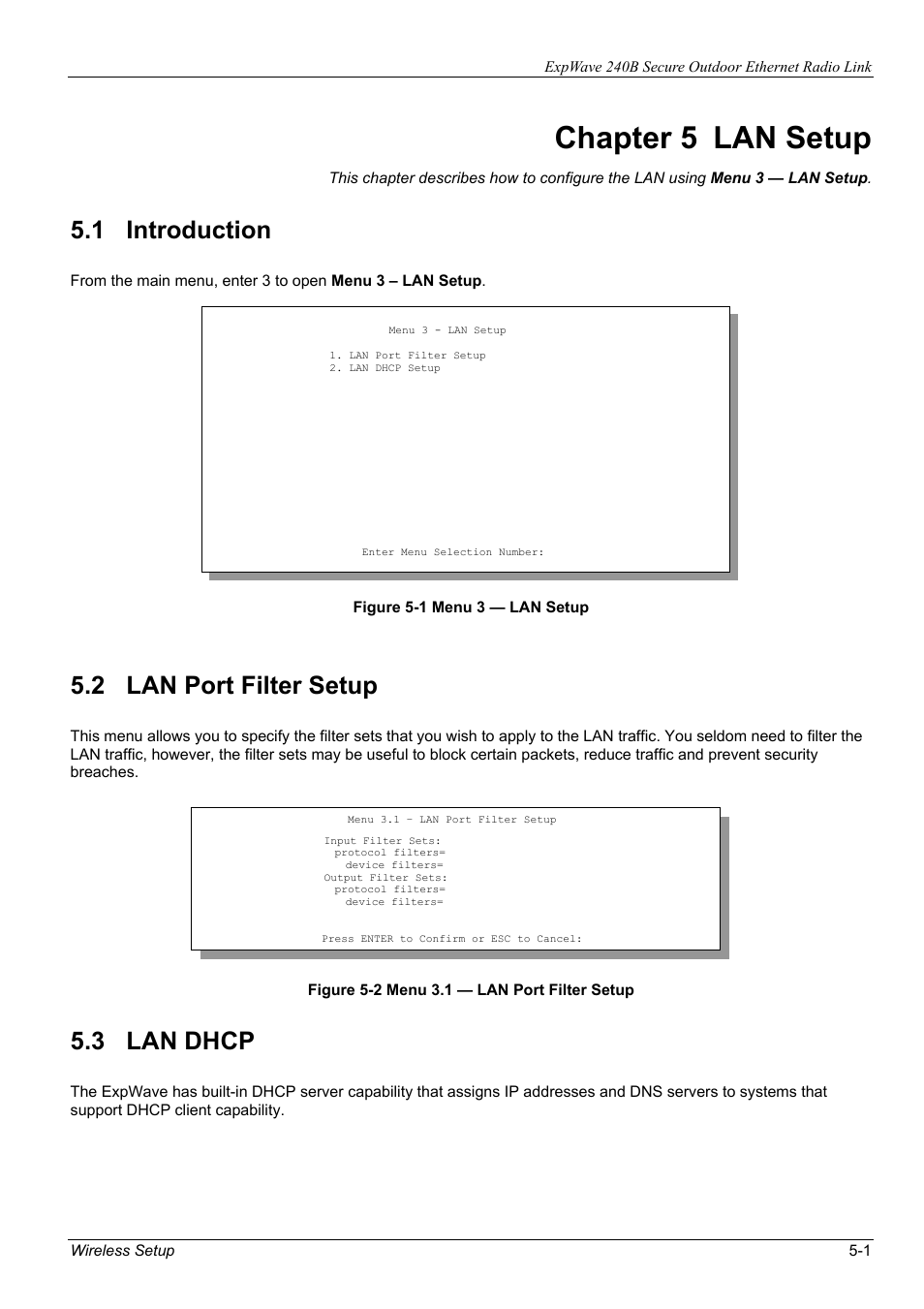 Chapter 5 lan setup, 1 introduction, 2 lan port filter setup | 3 lan dhcp | ZyXEL Communications ZyXEL ExpWave 240B User Manual | Page 43 / 96