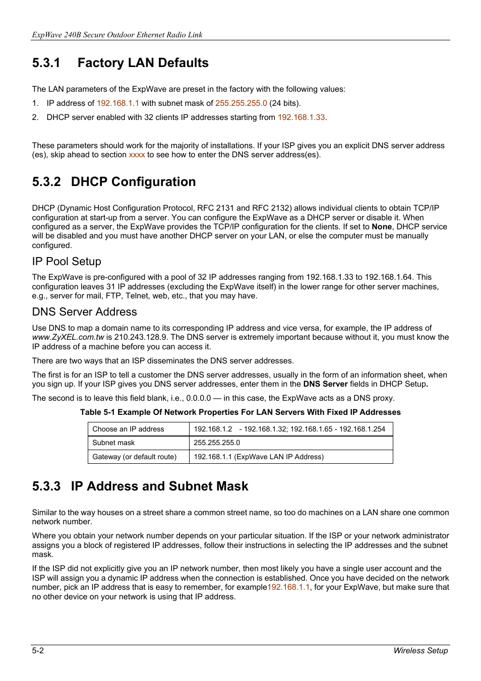 1 factory lan defaults, 2 dhcp configuration, 3 ip address and subnet mask | Ip pool setup, Dns server address | ZyXEL Communications ZyXEL ExpWave 240B User Manual | Page 44 / 96