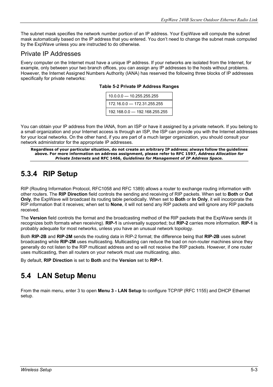 4 rip setup, 4 lan setup menu, Private ip addresses | ZyXEL Communications ZyXEL ExpWave 240B User Manual | Page 45 / 96