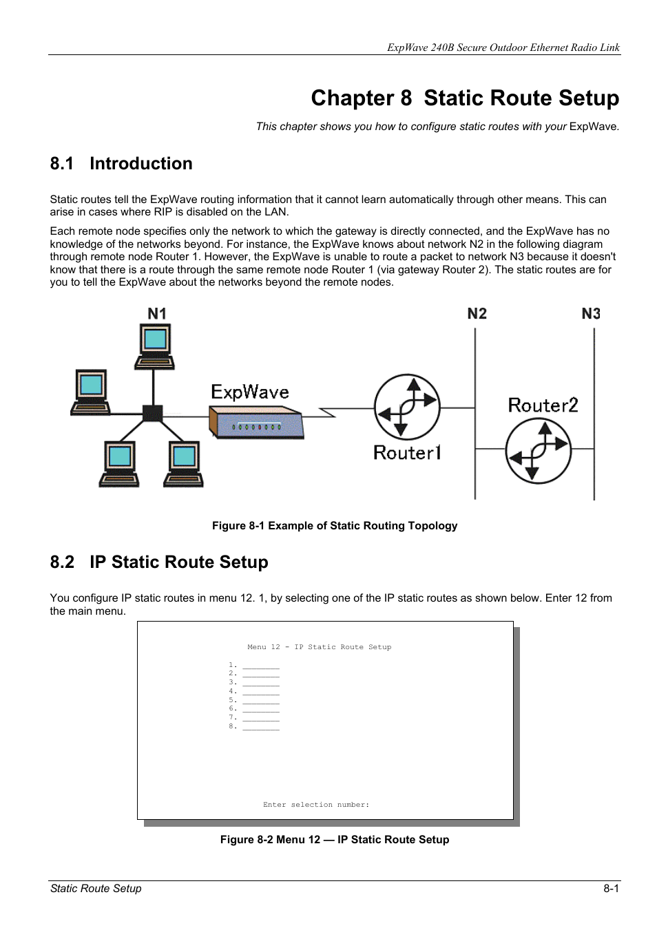 Chapter 8 static route setup, 1 introduction, 2 ip static route setup | ZyXEL Communications ZyXEL ExpWave 240B User Manual | Page 53 / 96