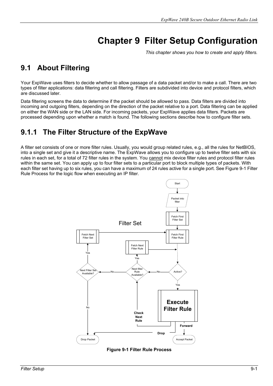 Chapter 9 filter setup configuration, 1 about filtering, 1 the filter structure of the expwave | Execute filter rule, Filter set, Figure 9-1 filter rule process | ZyXEL Communications ZyXEL ExpWave 240B User Manual | Page 55 / 96