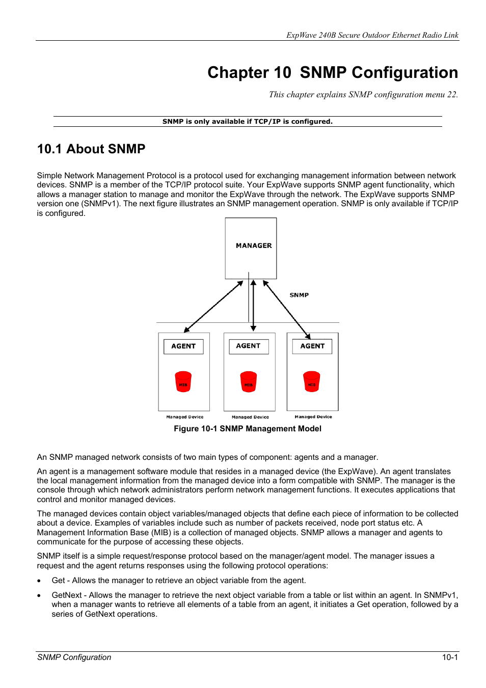 Chapter 10 snmp configuration, 1 about snmp | ZyXEL Communications ZyXEL ExpWave 240B User Manual | Page 63 / 96