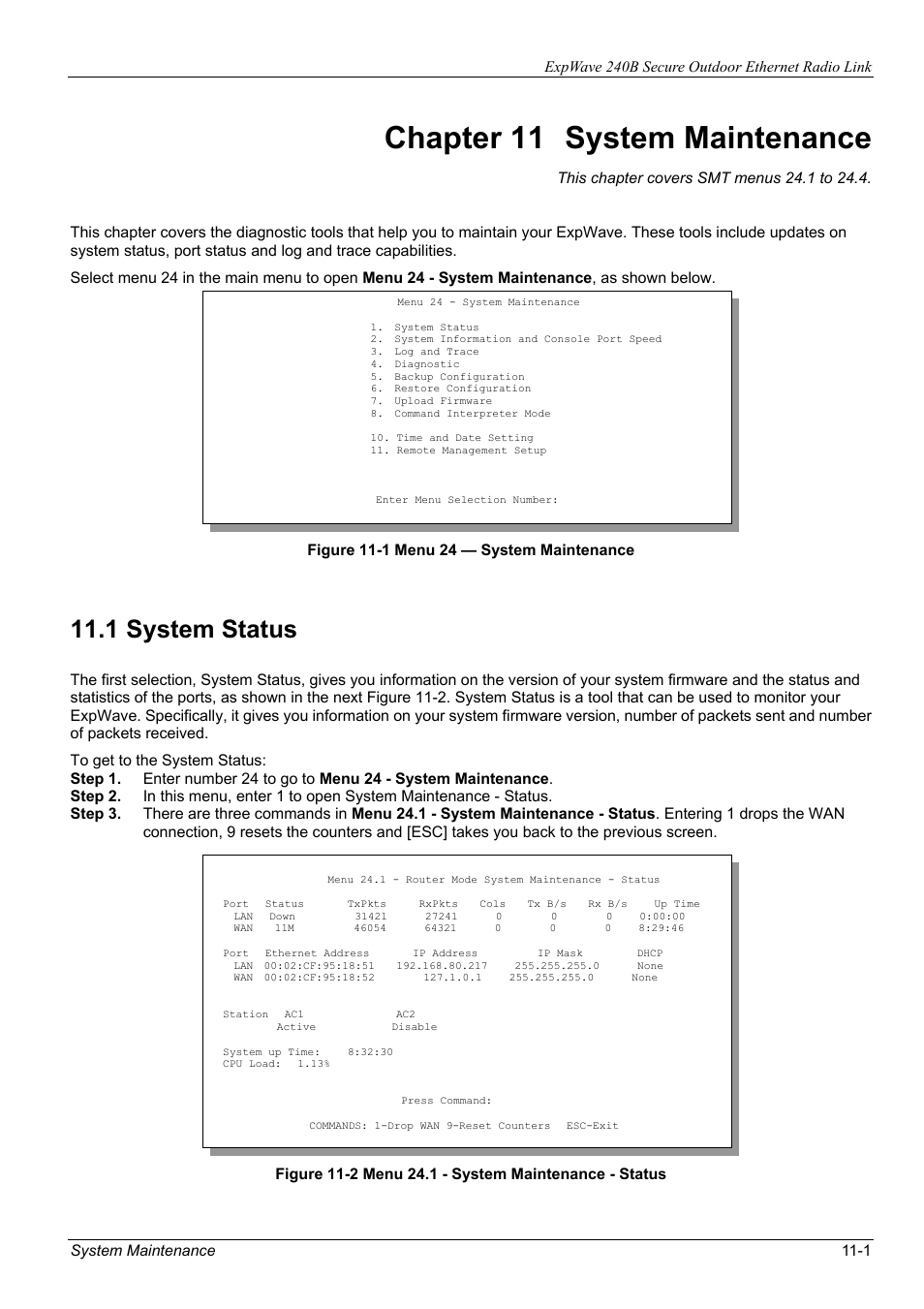Chapter 11, System maintenance, 1 system status | ZyXEL Communications ZyXEL ExpWave 240B User Manual | Page 67 / 96