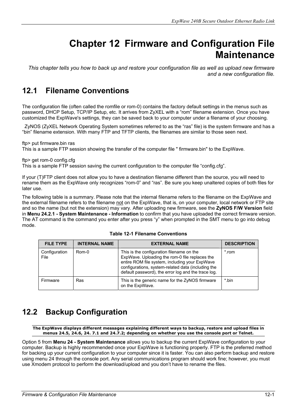 1 filename conventions, 2 backup configuration | ZyXEL Communications ZyXEL ExpWave 240B User Manual | Page 75 / 96