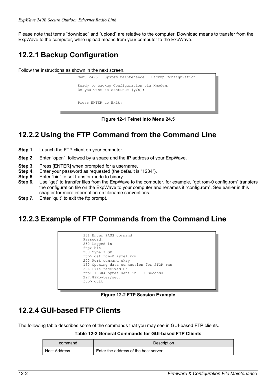 1 backup configuration, 2 using the ftp command from the command line, 3 example of ftp commands from the command line | 4 gui-based ftp clients | ZyXEL Communications ZyXEL ExpWave 240B User Manual | Page 76 / 96