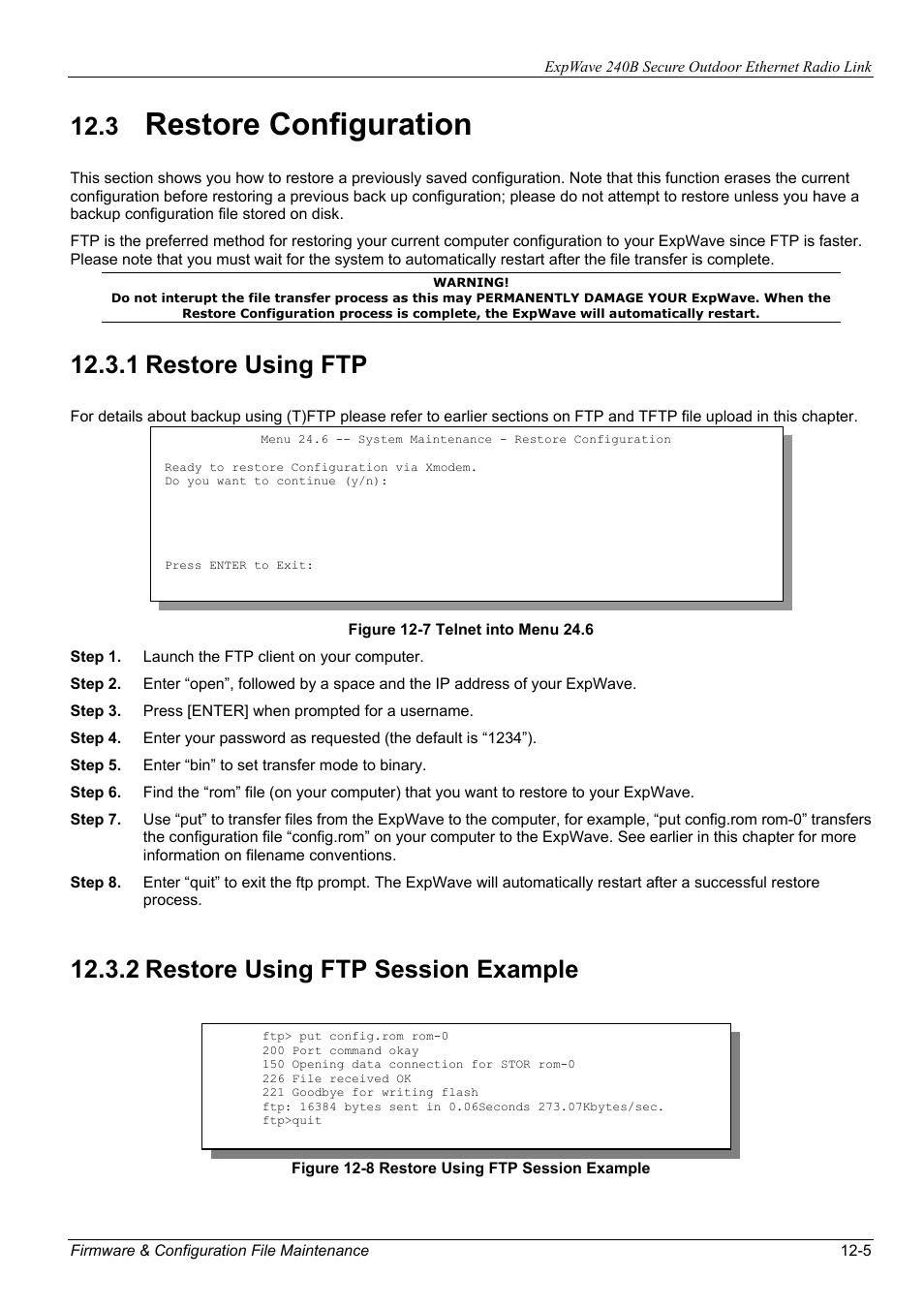 Restore configuration, 1 restore using ftp, 2 restore using ftp session example | ZyXEL Communications ZyXEL ExpWave 240B User Manual | Page 79 / 96