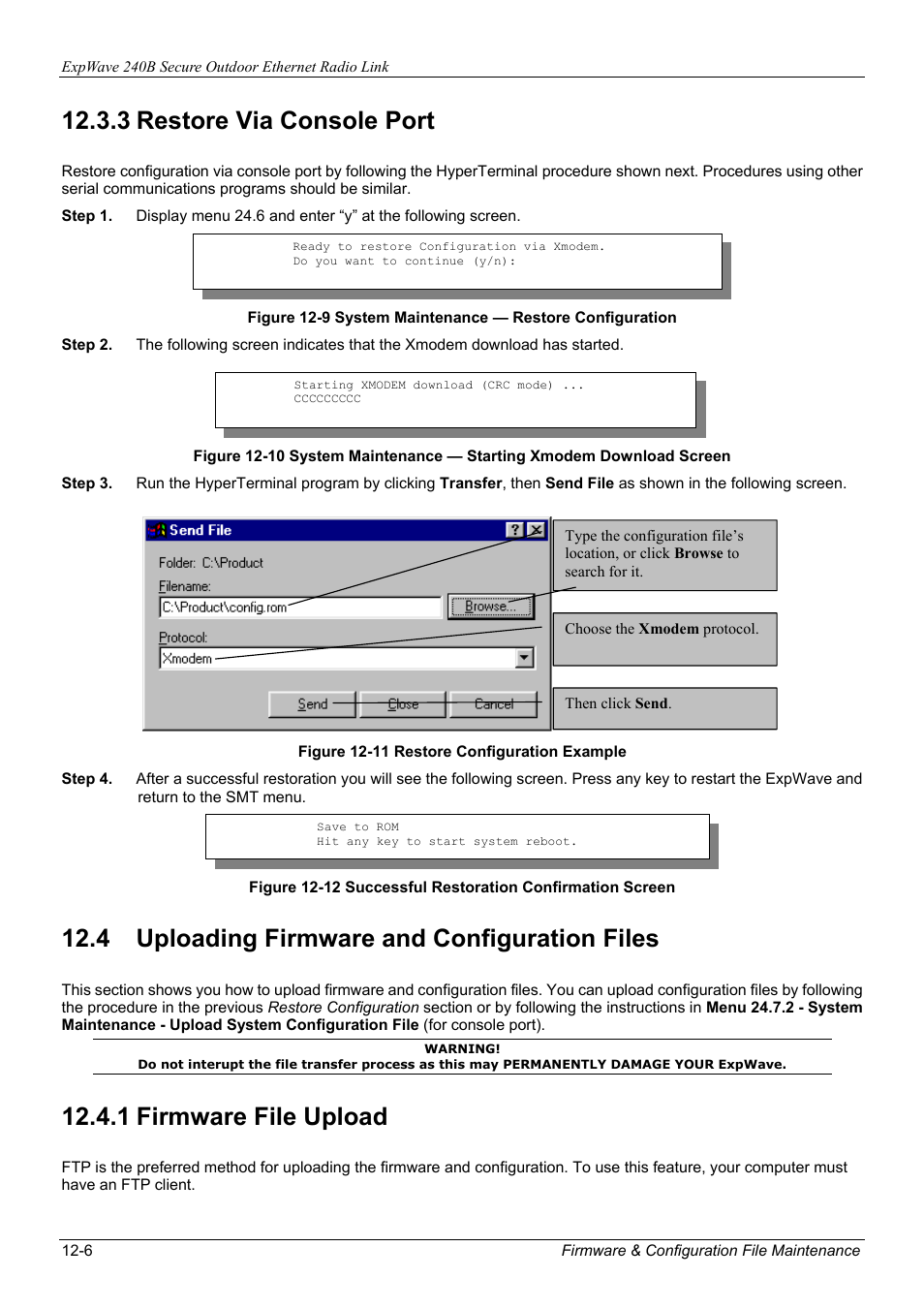 3 restore via console port, 4 uploading firmware and configuration files, 1 firmware file upload | ZyXEL Communications ZyXEL ExpWave 240B User Manual | Page 80 / 96
