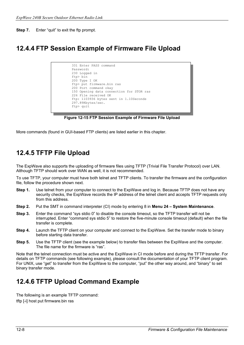 4 ftp session example of firmware file upload, 5 tftp file upload, 6 tftp upload command example | ZyXEL Communications ZyXEL ExpWave 240B User Manual | Page 82 / 96