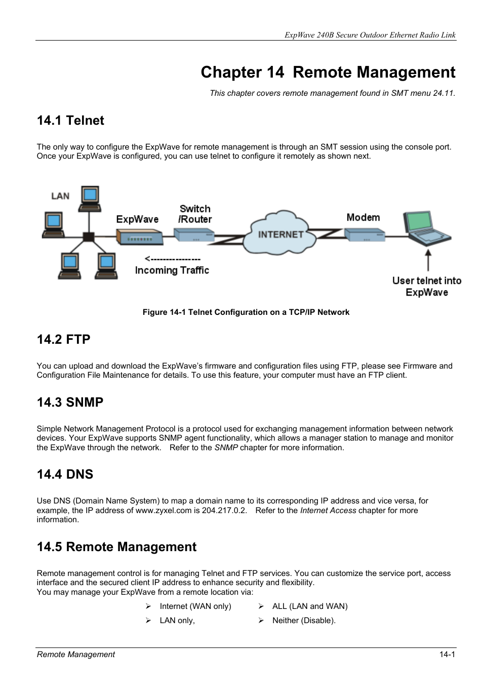 Chapter 14 remote management, 1 telnet, 2 ftp | 3 snmp, 4 dns, 5 remote management | ZyXEL Communications ZyXEL ExpWave 240B User Manual | Page 89 / 96
