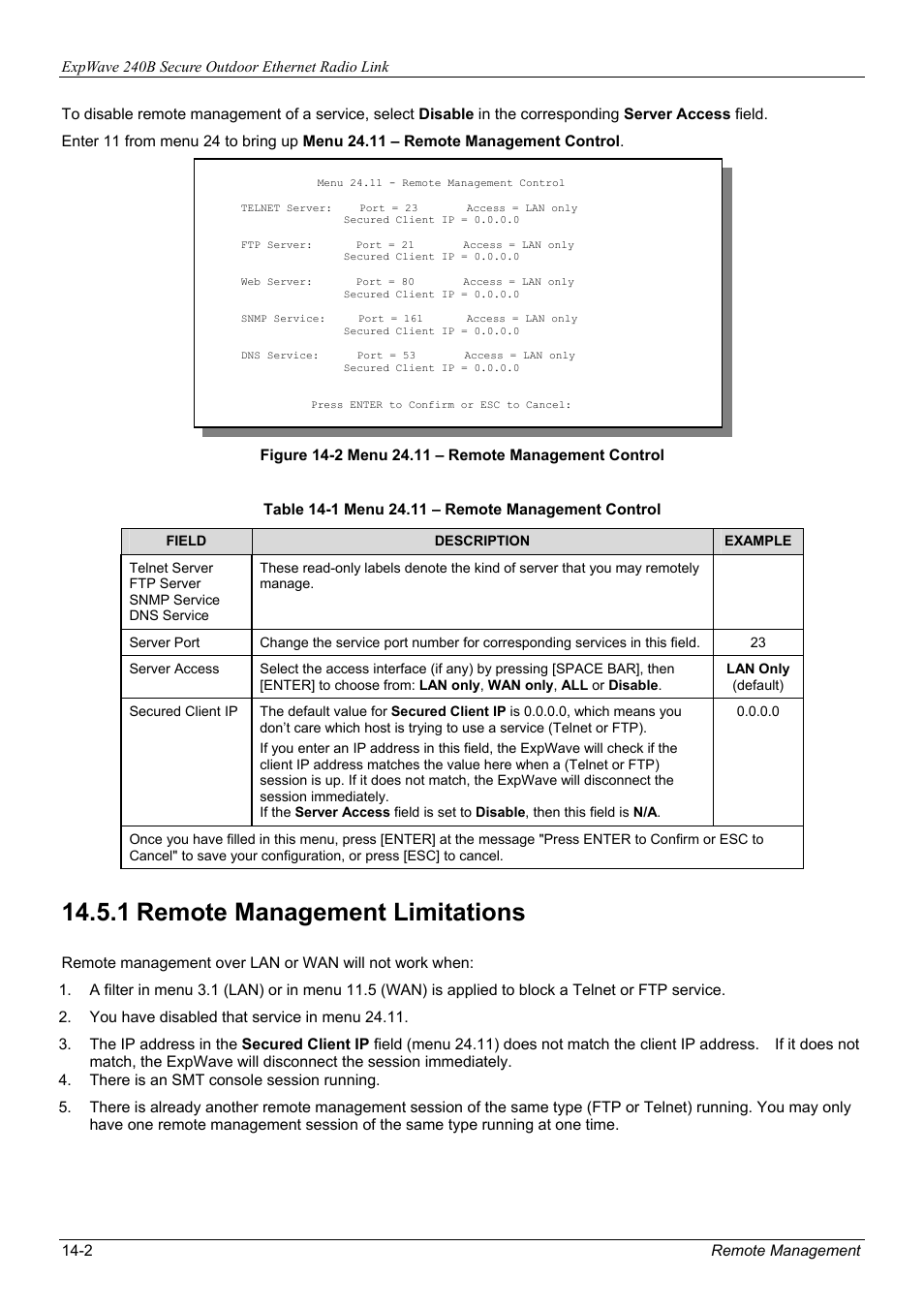 1 remote management limitations | ZyXEL Communications ZyXEL ExpWave 240B User Manual | Page 90 / 96