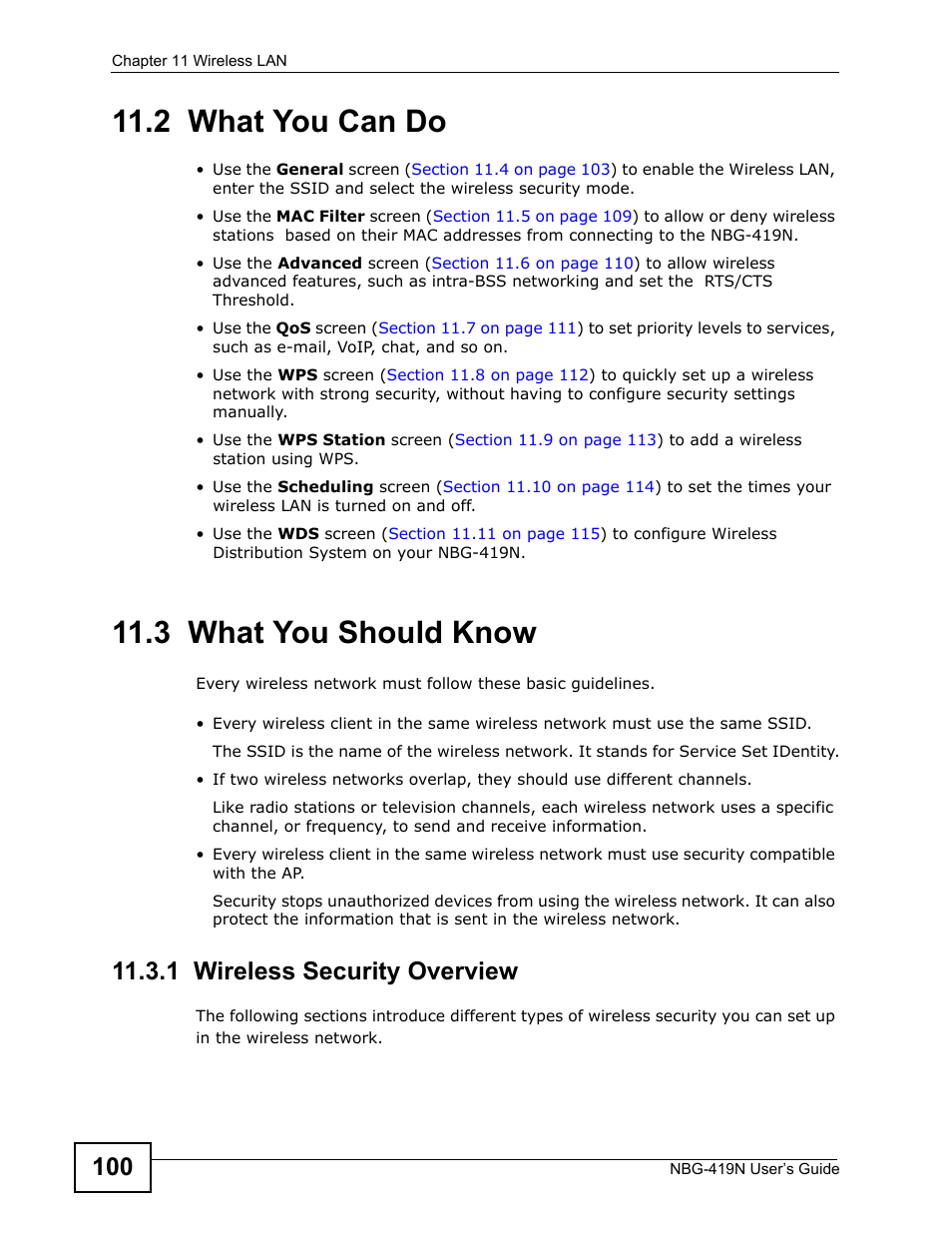 2 what you can do, 3 what you should know, 1 wireless security overview | 2 what you can do 11.3 what you should know | ZyXEL Communications NBG-419N User Manual | Page 100 / 294