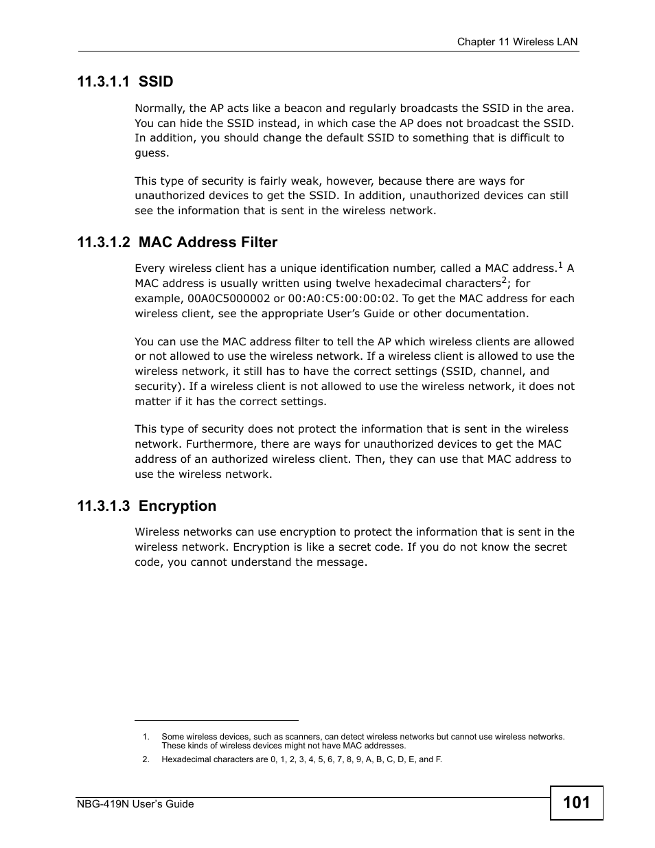 1 ssid, 2 mac address filter, 3 encryption | ZyXEL Communications NBG-419N User Manual | Page 101 / 294