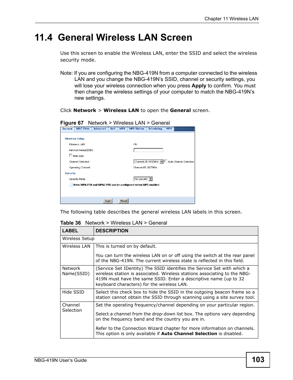 4 general wireless lan screen | ZyXEL Communications NBG-419N User Manual | Page 103 / 294
