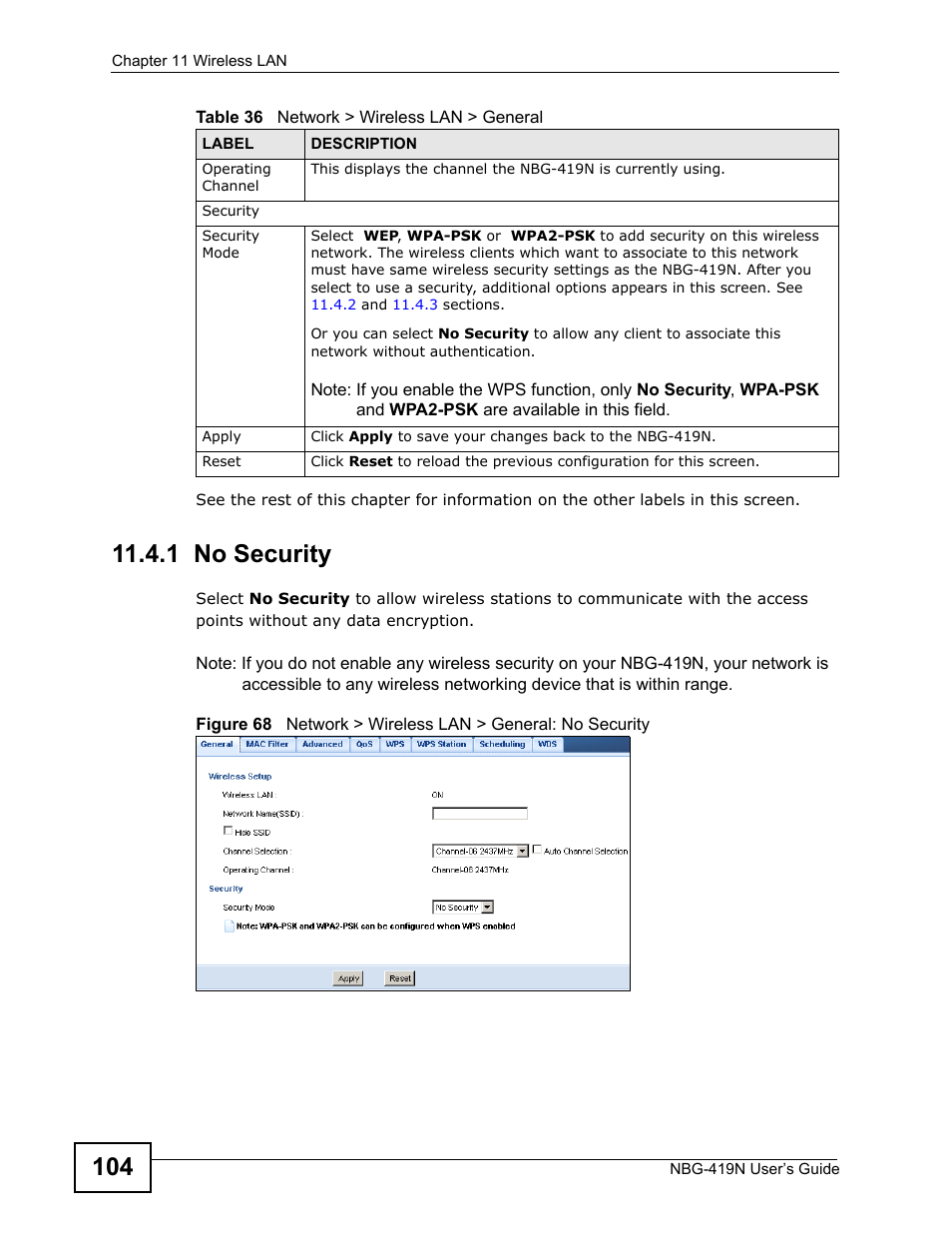 1 no security | ZyXEL Communications NBG-419N User Manual | Page 104 / 294