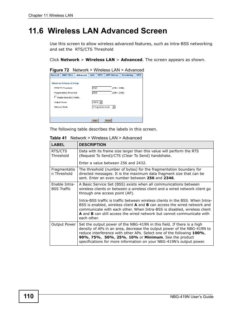 6 wireless lan advanced screen | ZyXEL Communications NBG-419N User Manual | Page 110 / 294